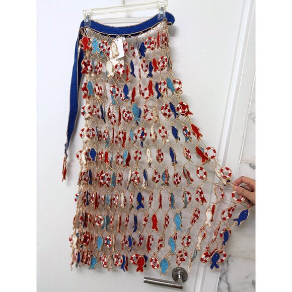 NWT My Beachy Side Poisson Knit Crochet Maxi Skirt Blue Fish Nautical Inner Tube - Picture 14 of 16